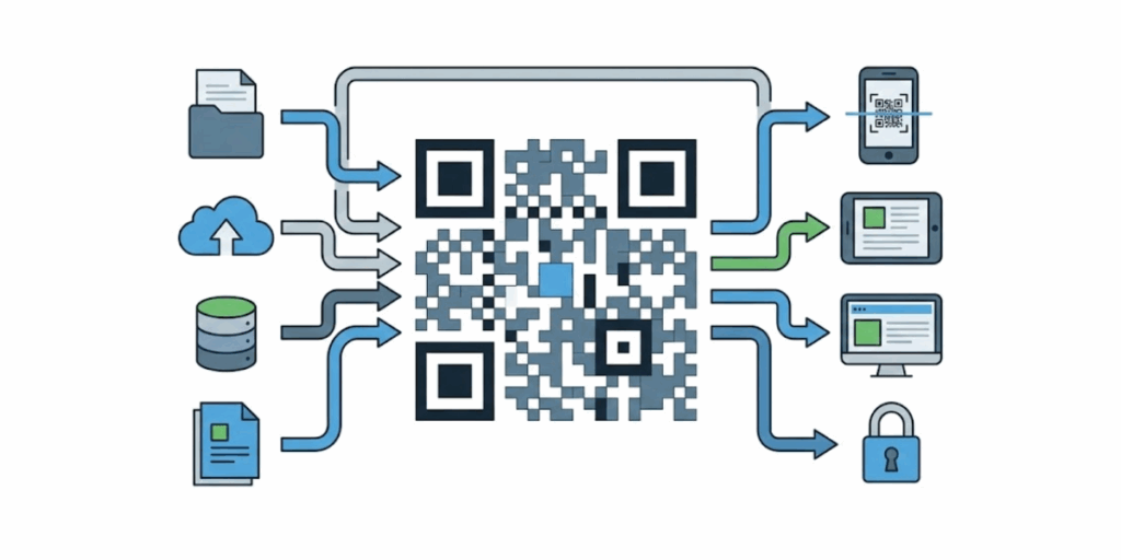 A QR Code storage system with various icons surrounding it.