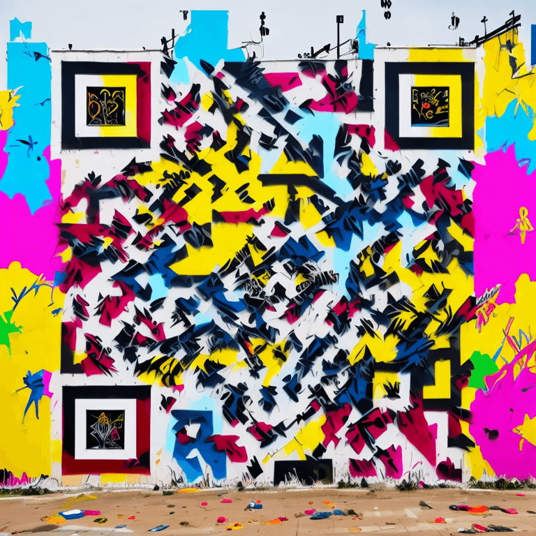 An AI-generated QR code featuring a lively graffiti mural, vibrant colors, detailed stencil work, and confident brushstrokes.