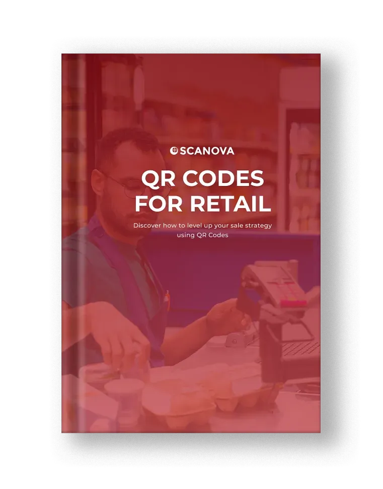 Red E-Book intitulé «QR Codes for Retail» avec le logo de Scanova, fournissant des informations pour améliorer les ventes et attirer de nouveaux clients.