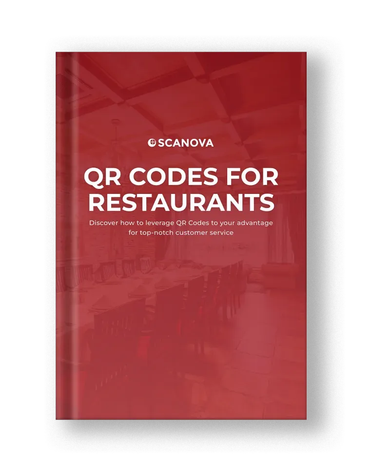 Red Book intitulé «QR Codes for Restaurants» avec le logo Scanova, offrant des conseils sur l'utilisation des codes QR pour améliorer le service client.