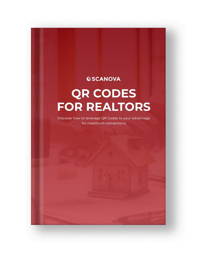 Red E-Book Cover intitulé «QR Codes for Realtors» avec le logo de Scanova, offrant des conseils pour conclure des offres immobilières plus rapidement avec QRS