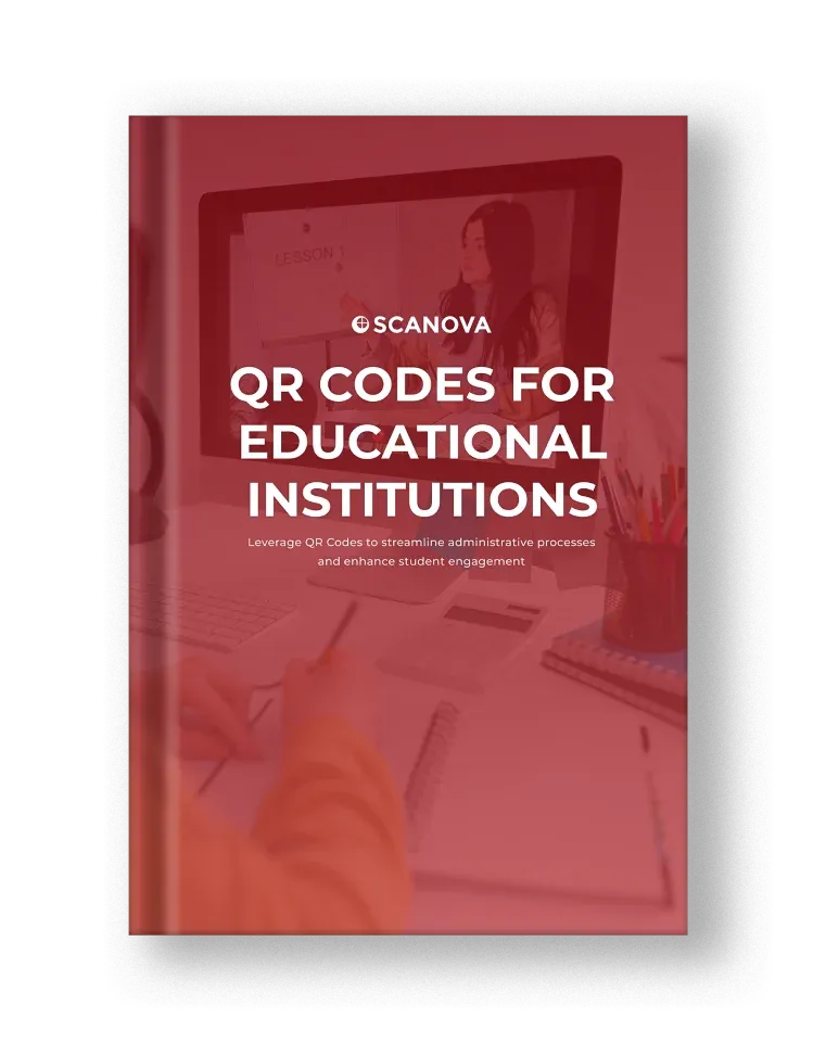 Red E-Book Cover intitulé «QR Codes for Educational Institutions» avec le logo de Scanova, guidant un apprentissage amélioré avec des codes QR.