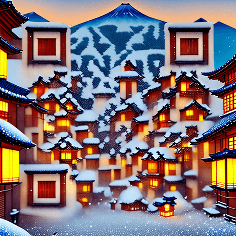 Example of an AI QR code with a snowy Japanese village, wooden houses, lanterns, and Mount Fuji in the background.