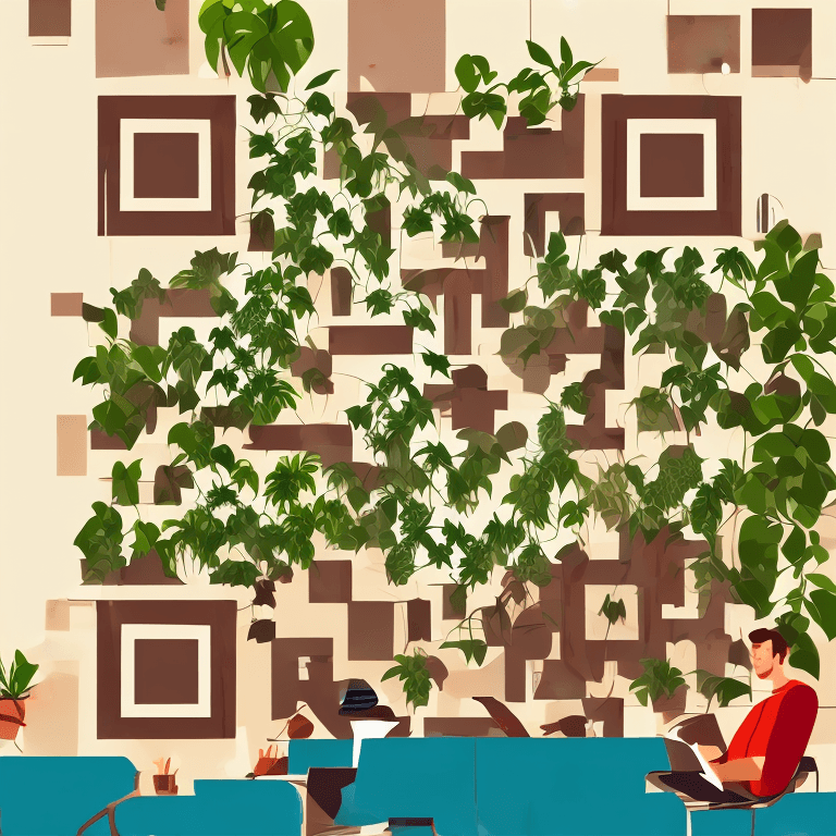 Example of an AI-generated QR code with a man sitting at a table with laptop, facing the camera, office interior with plants.