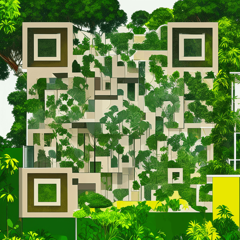 AI-generated code showing a modernist house in a serene garden setting, with clean design and lush green surroundings.