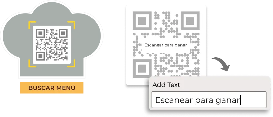Two QR codes with CTA texts: 'Scan for Menu' and 'Scan to Win,' showcasing options to add actionable text to guide end-users.