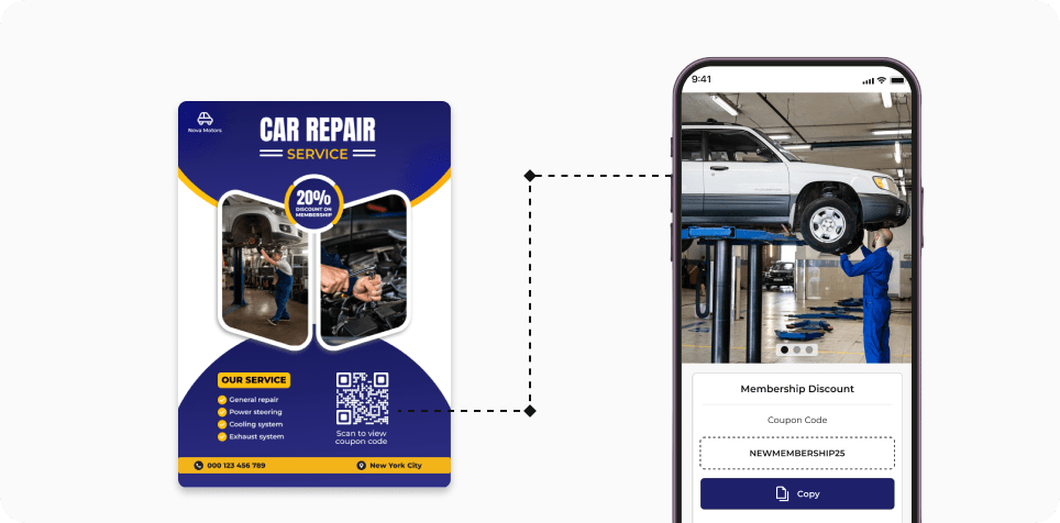 Customer scanning the QR Code on the promotional material of a car service company to access coupon code