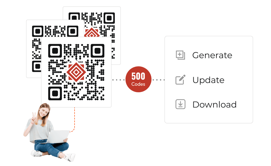 Woman with a laptop Creating, updating, and downloading up to 500 dynamic business QR Codes at once for efficient management.