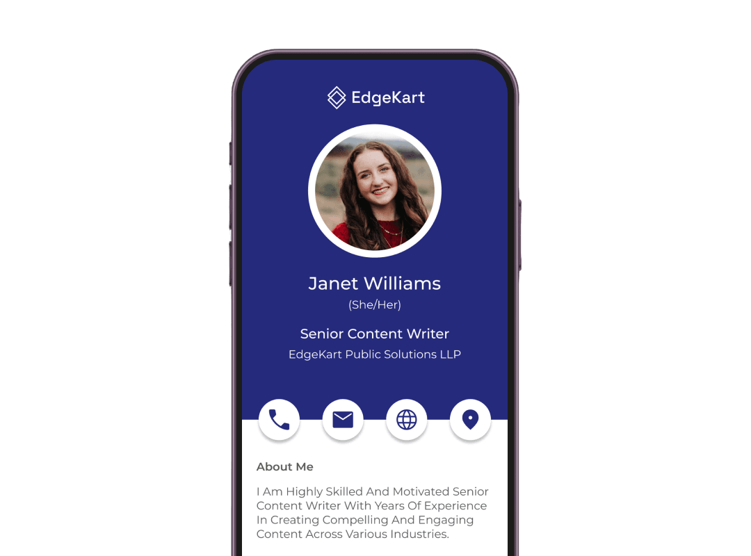 Mobile QR -Code -Landing -Seite zeigt eine Visitenkarte einer Dame mit einem blauen Hintergrund für detaillierte Kontaktinformationen.