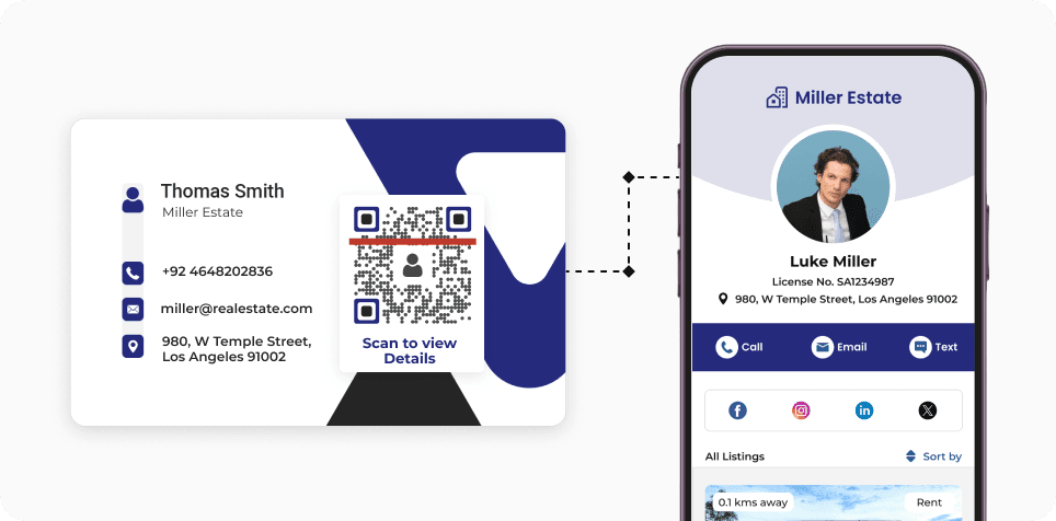 Potential buyer scanning a   Real Estate QR on a business card to connect with the agent