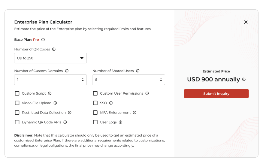 Example of Scanova’s enterprise plan calculator: Customize QR for businesses, domains, users, and more for clear pricing.