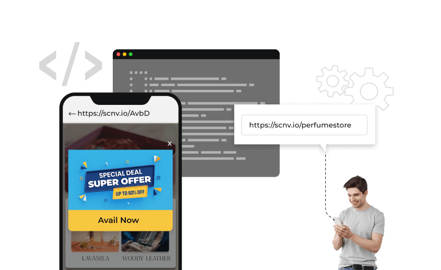 Man viewing phone screen with custom URL and pop-up, showing flexibility in designing landing pages using custom scripts.