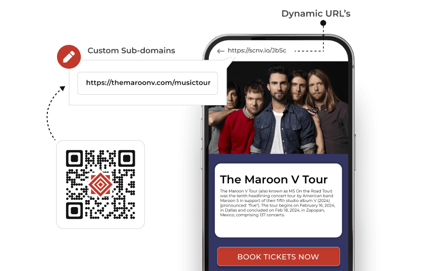 Mobile showing concert's booking page, replacing dynamic URL with personalized subdomain with enterprise QR code generator.