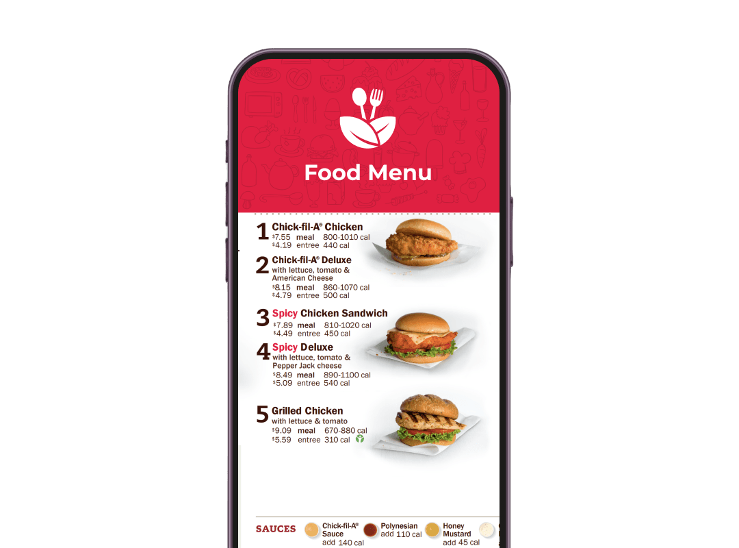 Smartphone mit Foodies QR Code -Zielseite mit Menü, Feedback -Formular, sozialen Links, scannen QR für personalisierte Inhalte.