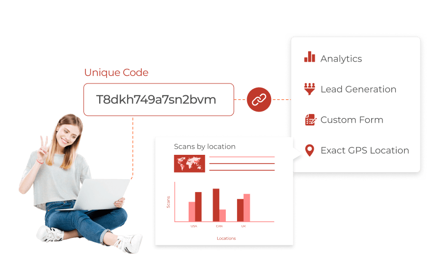A woman with laptop tracking user data by linking a unique ID across scan tracking and more via QR code tracking & Analytics.