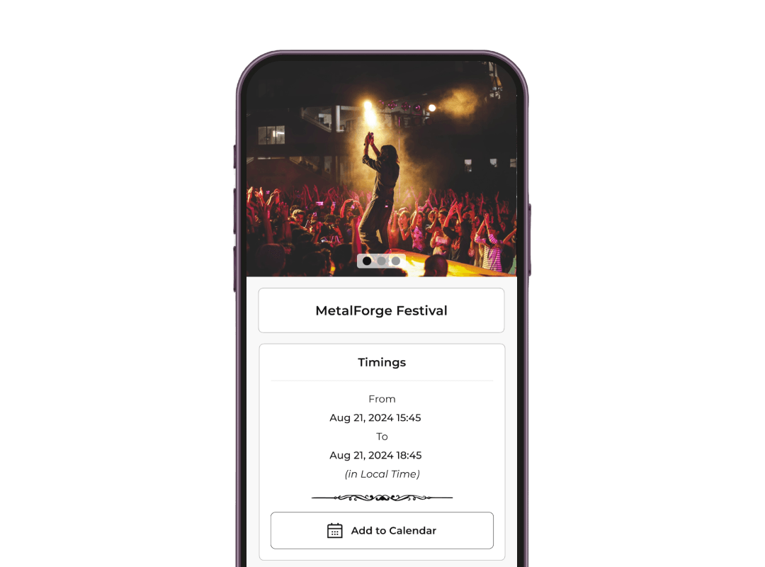 Mobile montrant les détails du concert Coldplay avec l'événement Code QR pour un accès facile au contenu du code QR comme la date, les options RSVP, etc.