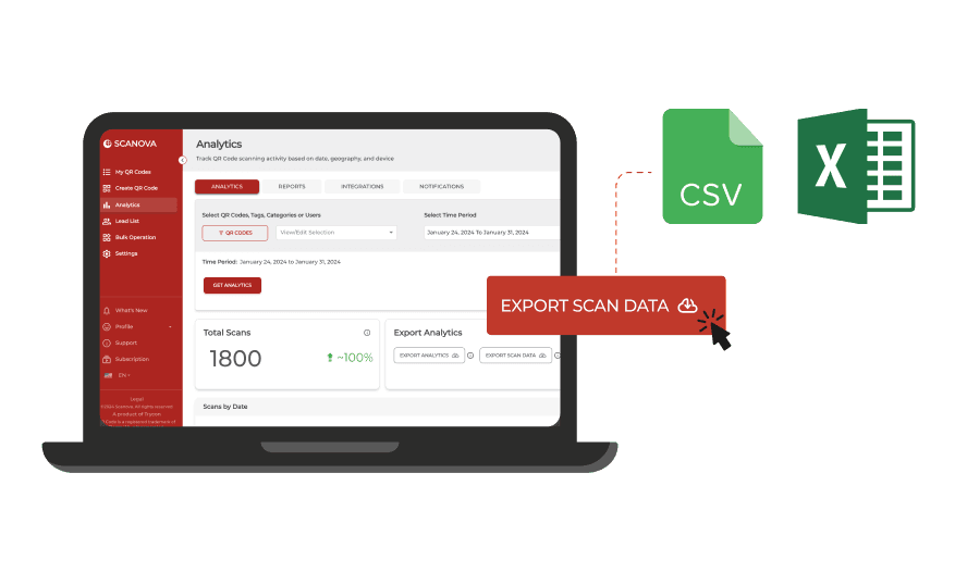 A computer screen displaying options to export scan QR data in CSV or Excel format for QR Code Tracking & Analytics.