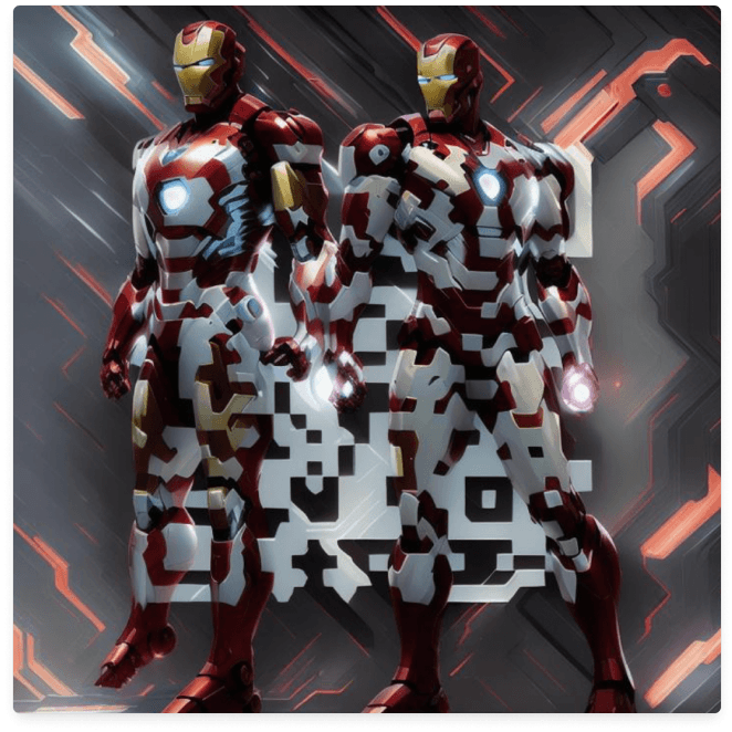 Example of an AI-generated QR code featuring two Iron Man figures with comic-inspired detailing & futuristic design elements.