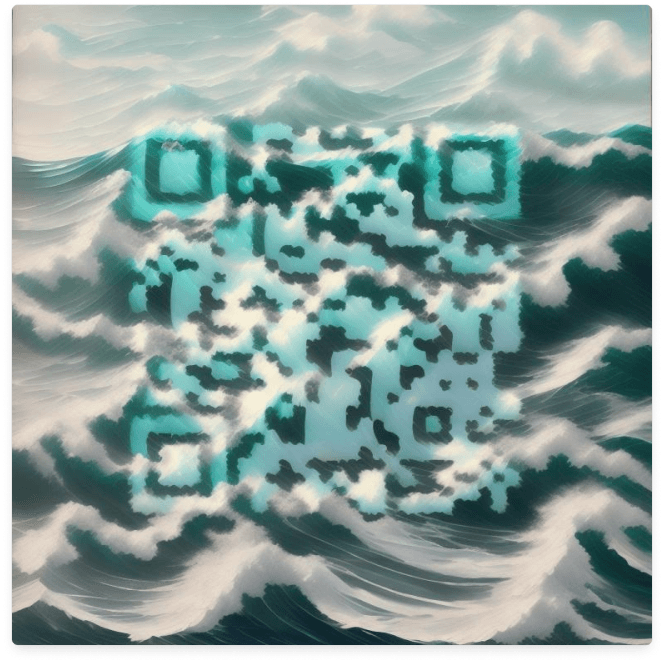 Example of an AI QR featuring serene blue ocean waves, white clouds, and elegant brushstrokes.