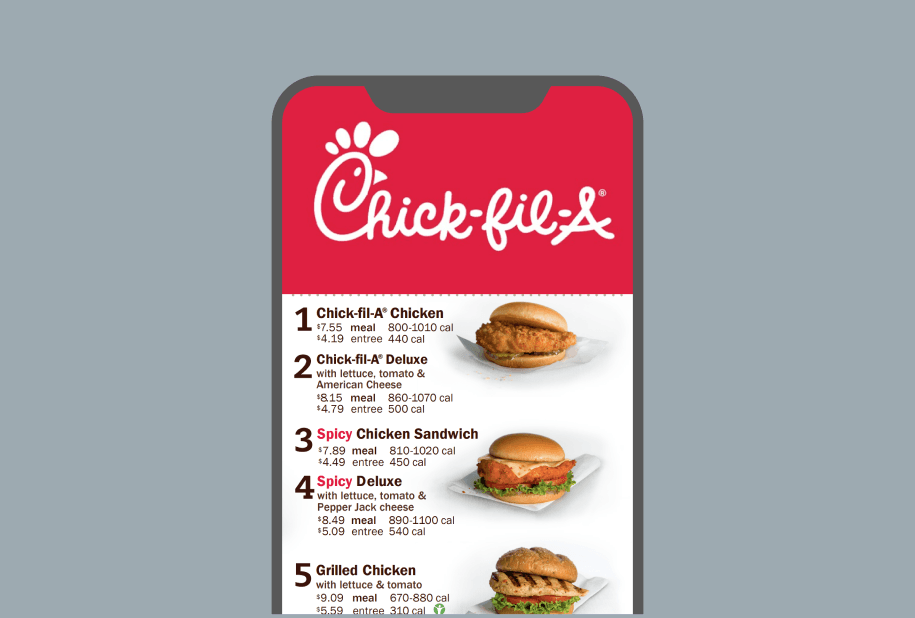 Smartphone screen displaying Chick-fil-A menu, highlighting easy access to documents with a document QR code generator.