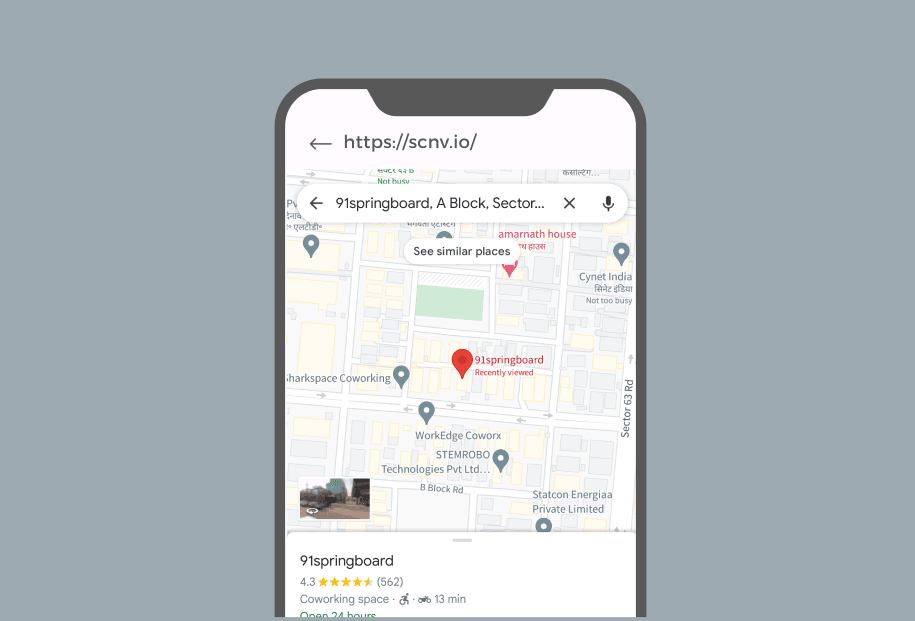 Screen showing 91springboard's pinpointed location on Google Maps after scanning a Google Map QR code.