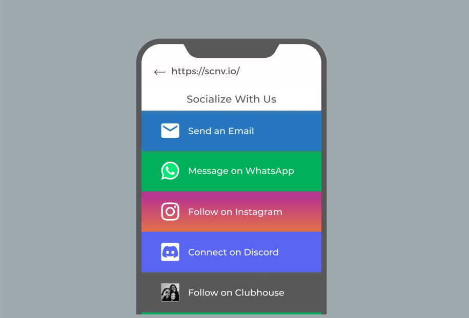 Mobile screen showing a landing page with social media links after scanning a social media QR code for easy platform access.