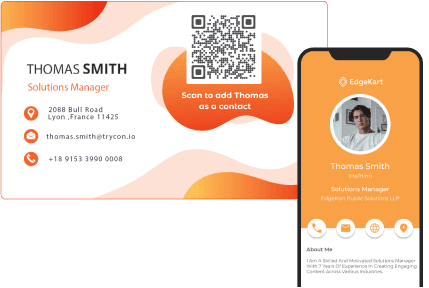 Visitenkarte von Thomas Smith mit einem QR -Code, der mit einer digitalen Visitenkarte für nahtlose Netzwerke verlinkt.