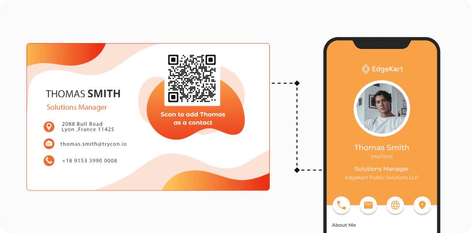 Person scanning a Business Card QR Code to access more information and save contact details Reply