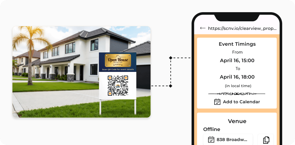 Potential buyer scanning the QR Code outside a property to know more about the open house event