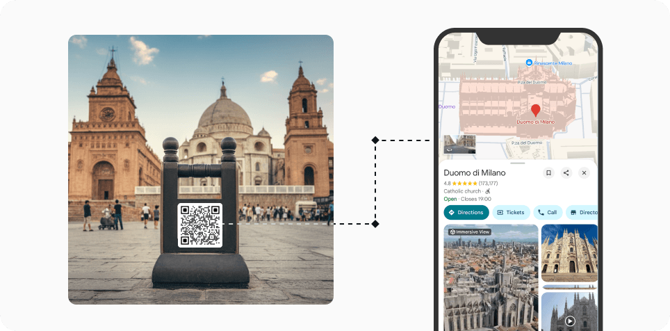 Tourist scanning a QR Code outside a monument to gain more information about the place