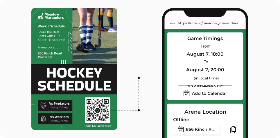 Person scanning a QR Code on a poster to access the hockey match schedule