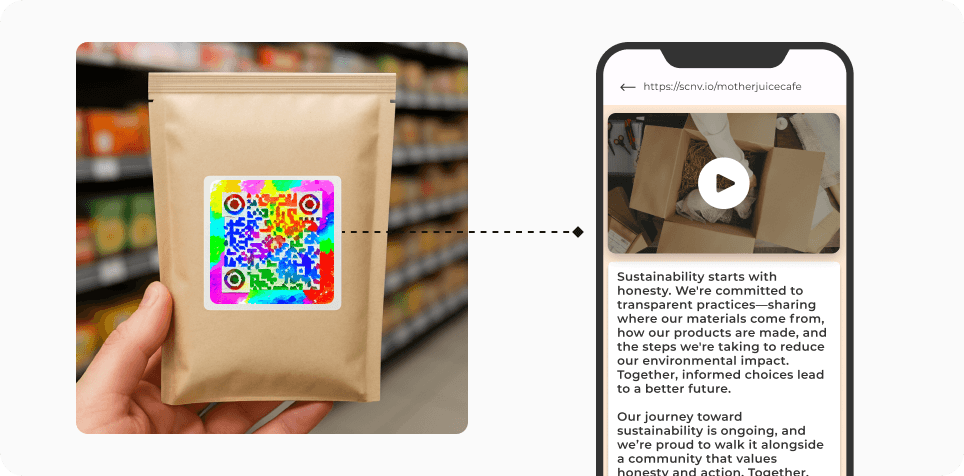 Consumer scanning an AI-generated QR Code on product packaging to know more about the sustainability practices of the brand