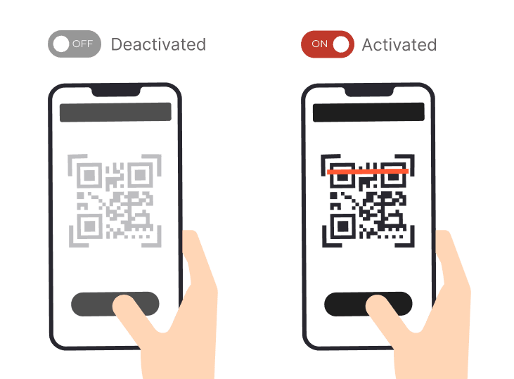 Two smartphones displaying dynamic QR Code campaigns: one showing a deactivated QR and the other an activated one.