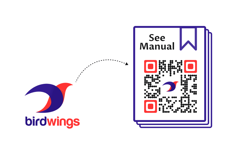 Conception de cadre avec le texte «See Manual» et le logo de Birdwing présentant une intégration de marque avec les couleurs, les polices et le logo.