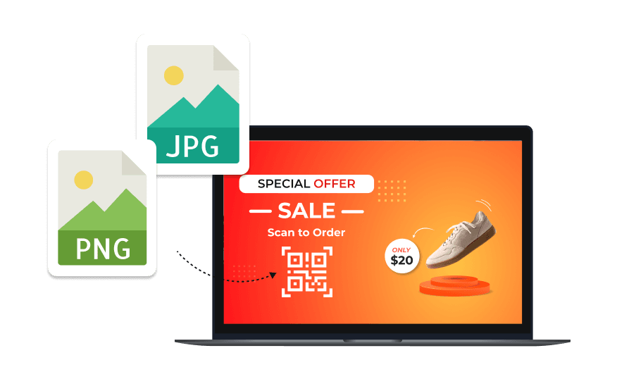 Laptop displaying shoes on sale for USD 20 with a scan-to-order QR, highlighting export QR code in JPEG and PNG formats.