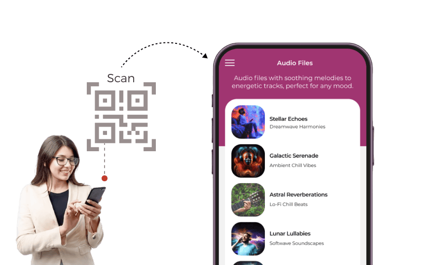 Person scanning the Audio  QR to directly listen to the audio file, without having to download it