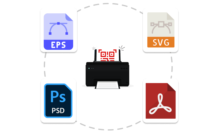 A printer producing Vector QR code, surrounded by vector formats like SVG, EPS, PS, and PDF, ideal for designers & printers