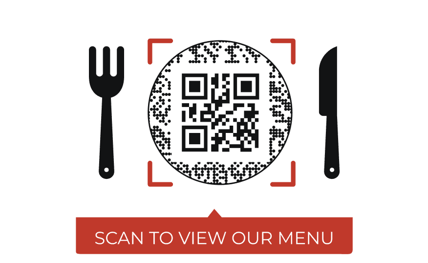 Circular QR code with red corner accents, fork and knife, and 'Scan to view our menu' text for a clear CTA to boost conversions.