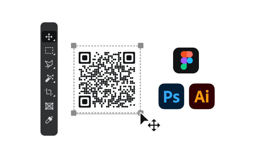 QR code with editing options and Figma, Photoshop, Adobe logos, showcasing tools for generating high-resolution QR codes.