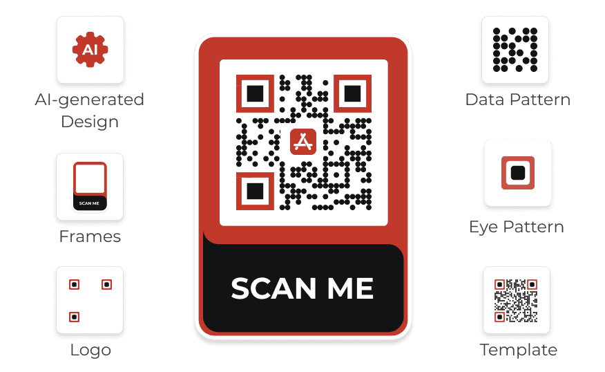 User customizing their App Store QR with frames, logo, eye pattern, data pattern, colors, and more