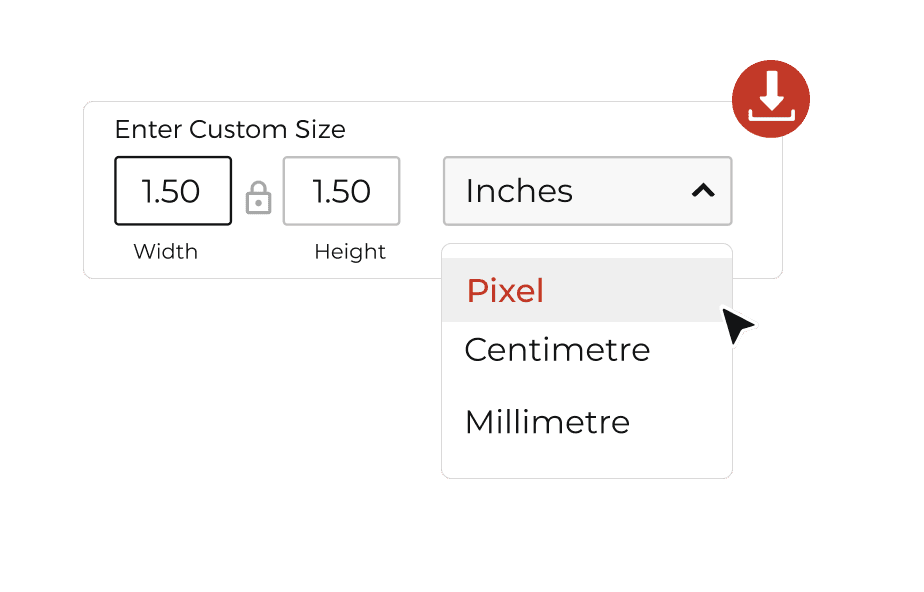 Scanova's custom size option showing 1.5 inches as width and height to export high-resolution QR codes in various dimensions.
