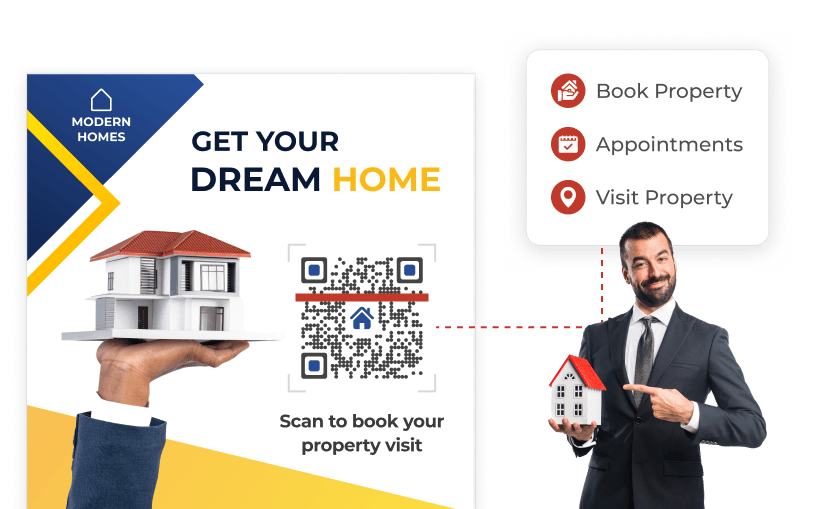 Dynamic QR Code for real estate with house logo, showing options to edit, activate, deactivate, track scans, and pro features.