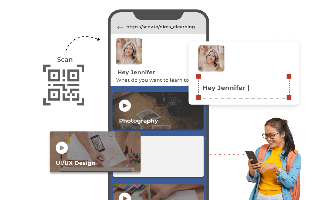 QR Code in education leads a student to a personalized interface with a pre-recorded lecture, enabling self-paced learning.