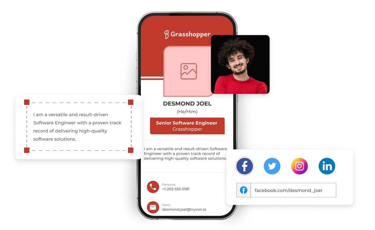 QR code on a physical business card linking to a detailed digital business card, enabling easy networking & contact sharing.