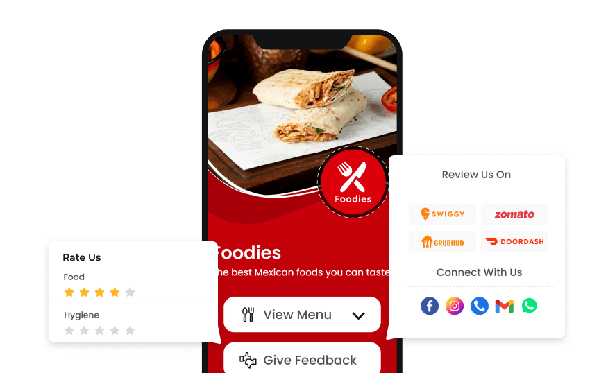 A screen with QR code in restaurant page, showing review options for Google, Yelp, DoorDash, and Zomato to boost engagement.