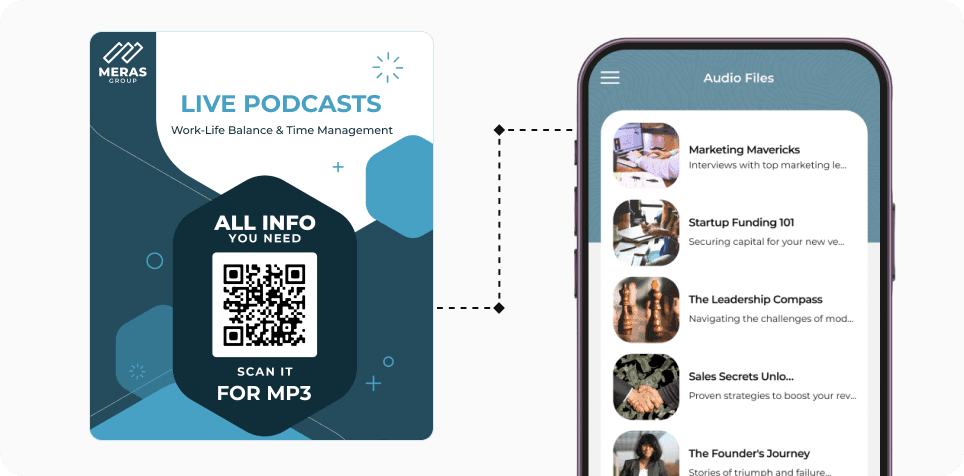 Professional scanning a customized Audio QR to access podcast series