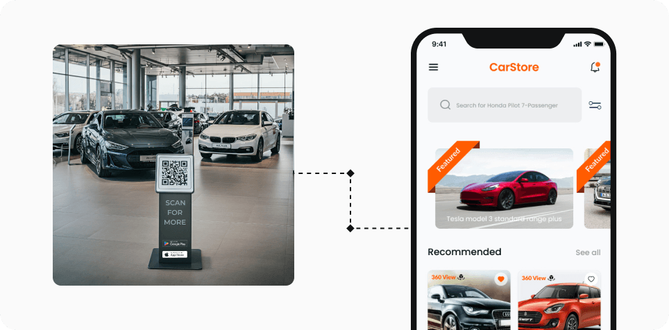  Potential buyer scanning a QR Code in an automobile showroom to access vehicle information