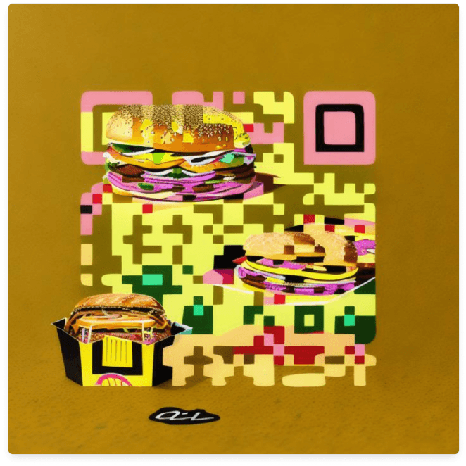 Example of an AI QR code with a Pop Art-inspired fast food menu, vibrant colors, and cartoonish illustrations of burgers.
