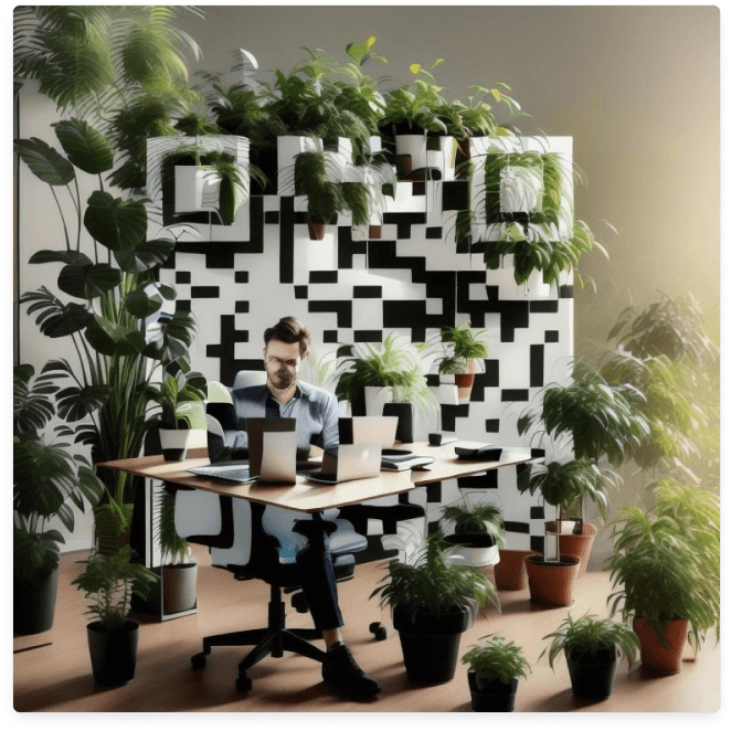 Example of an AI-generated QR code with a man sitting at a table with laptop, facing the camera, office interior with plants.
