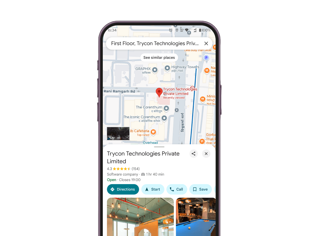 Le smartphone affichant l'emplacement de 91Springboard, car le type de carte de la carte Google du code QR ouvre la carte et identifie l'emplacement.